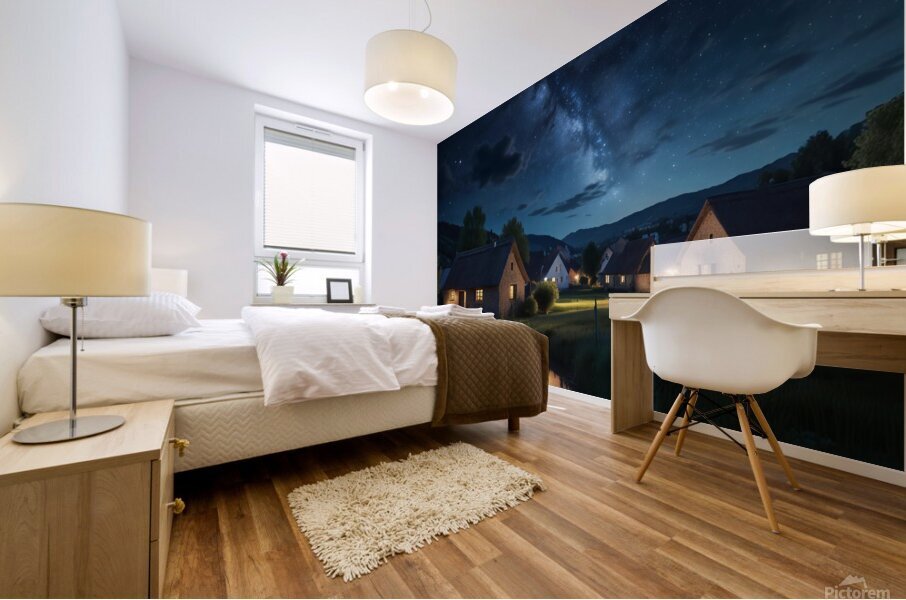Starry Night Sky Over a Quiet Village amazing serene landscape Mural print