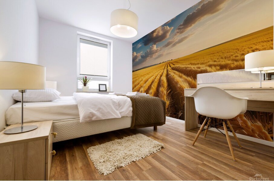 Golden Wheat Fields Under a Clear Sky amazing serene landscape Mural print