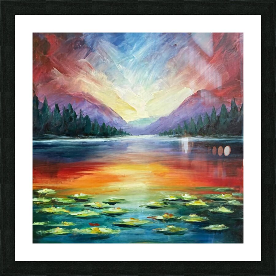 A stunning landscape painting of a serene lake surrounded by lush forests and majestic mountains Picture Frame print