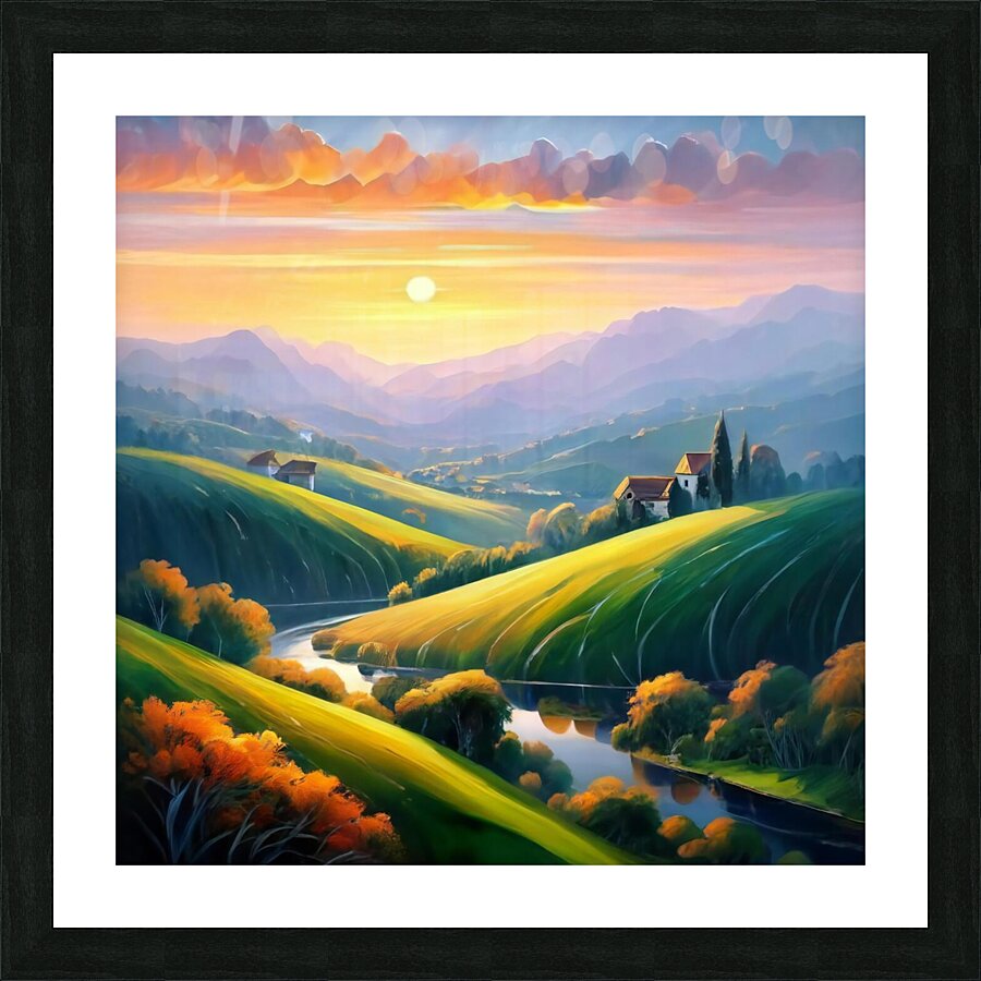 A stunning landscape with a vibrant sunset over rolling hills and valleys Picture Frame print