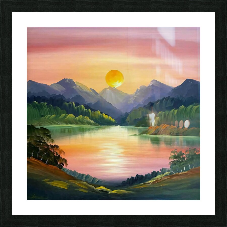 A stunning landscape scene with a vibrant sunset over a serene lake surrounded by towering mountains Picture Frame print