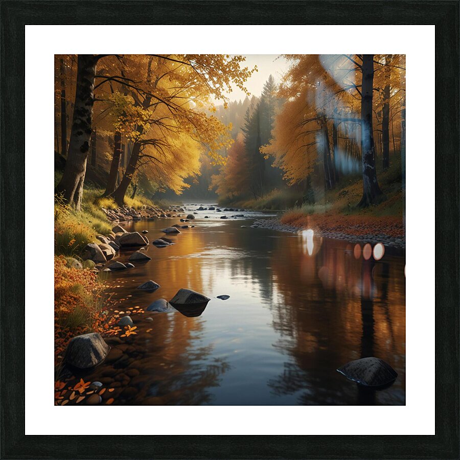 Calm River Flowing Through an Autumn Forest amazing serene landscape Picture Frame print