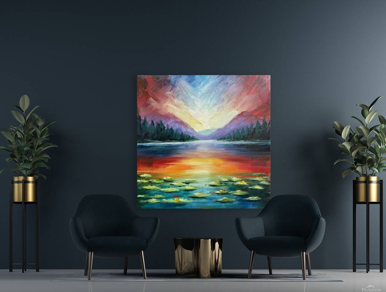 A stunning landscape painting of a serene lake surrounded by lush forests and majestic mountains Reproduction