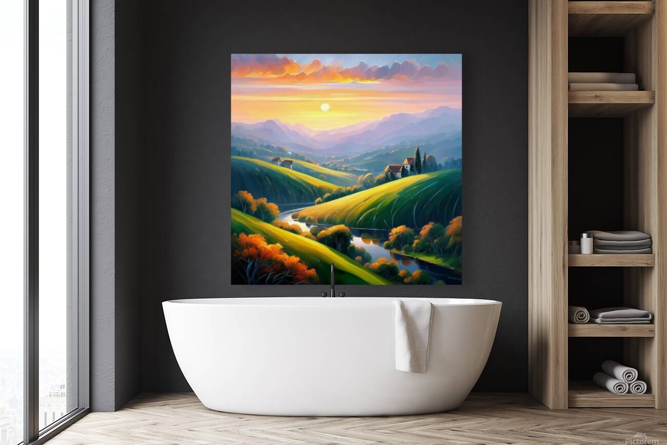 A stunning landscape with a vibrant sunset over rolling hills and valleys Reproduction