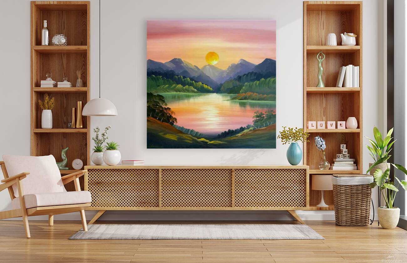 A stunning landscape scene with a vibrant sunset over a serene lake surrounded by towering mountains Reproduction