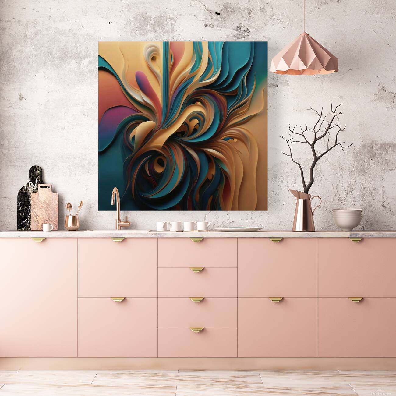 A stunning abstract digital art image with swirling organic shapes and vibrant colors including turquoise pink and gold Reproduction