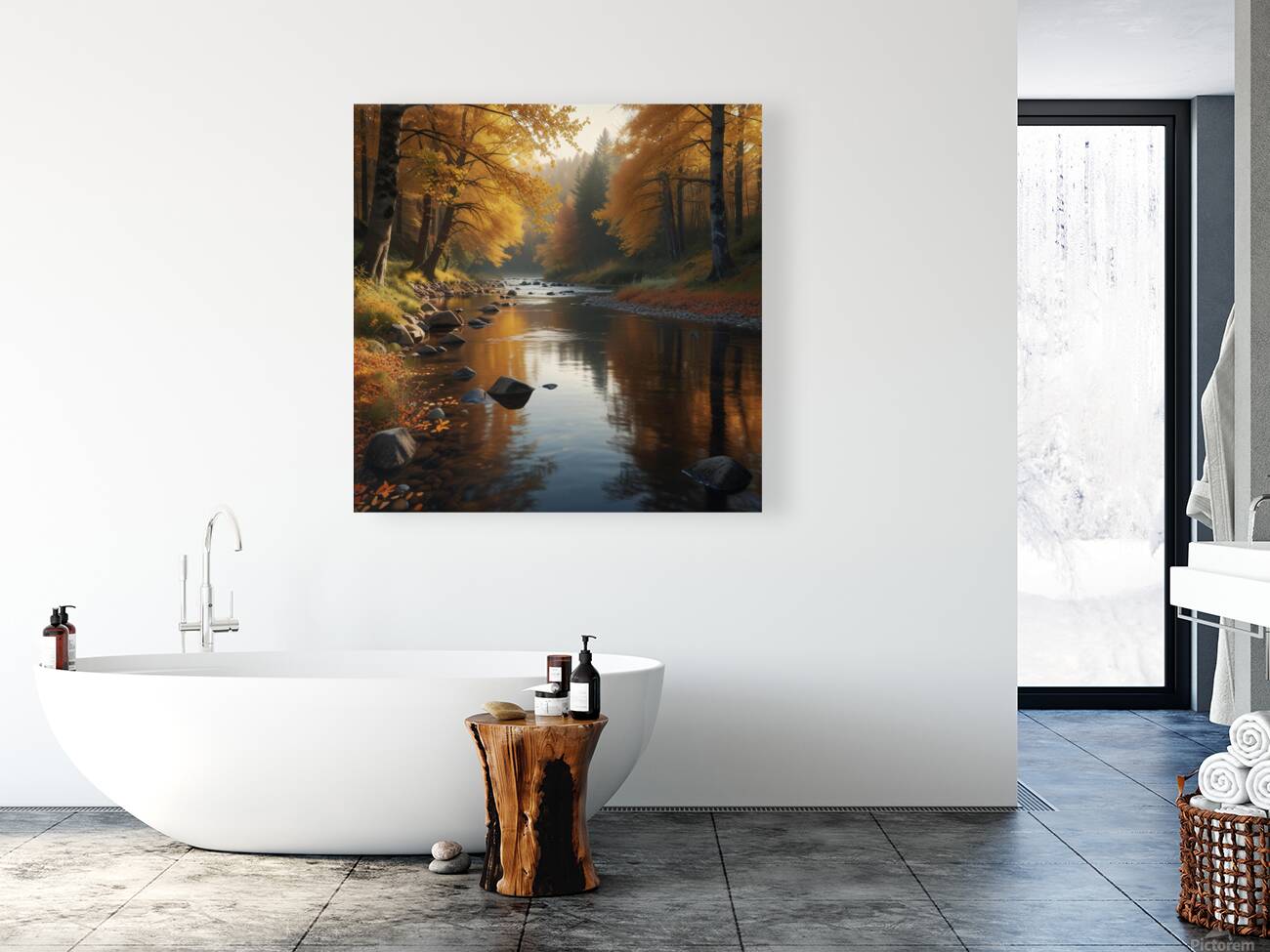 Calm River Flowing Through an Autumn Forest amazing serene landscape Reproduction
