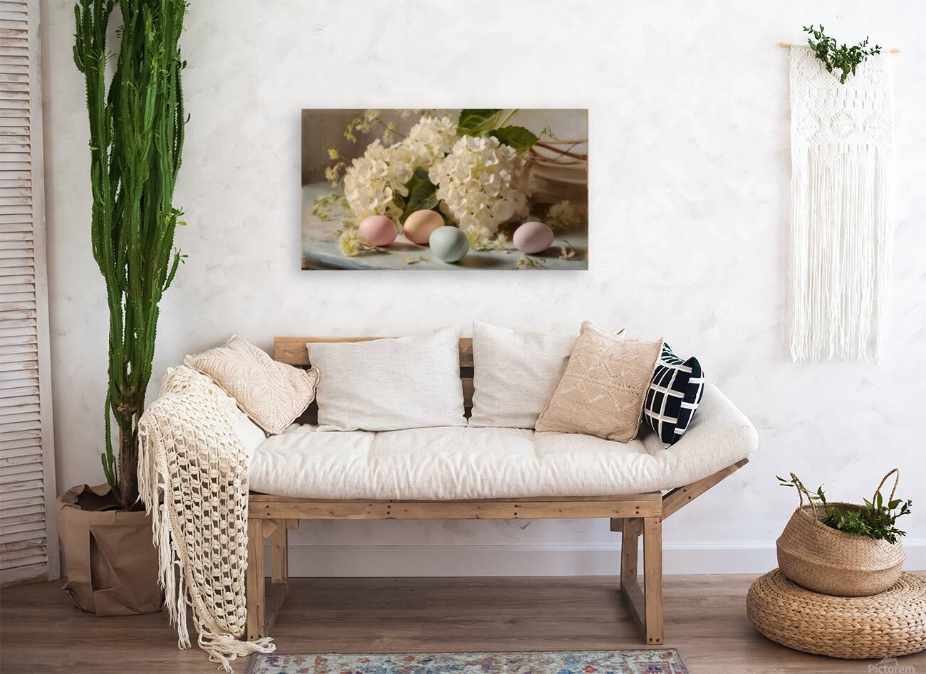 Botanical Easter   White Hydrangea and Eggs Reproduction