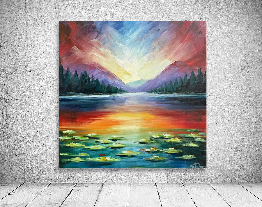 A stunning landscape painting of a serene lake surrounded by lush forests and majestic mountains Wall Preview
