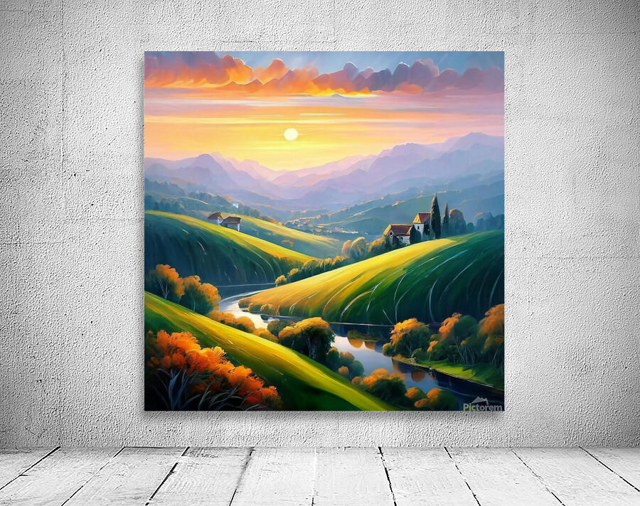 A stunning landscape with a vibrant sunset over rolling hills and valleys Wall Preview