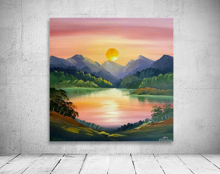 A stunning landscape scene with a vibrant sunset over a serene lake surrounded by towering mountains Wall Preview
