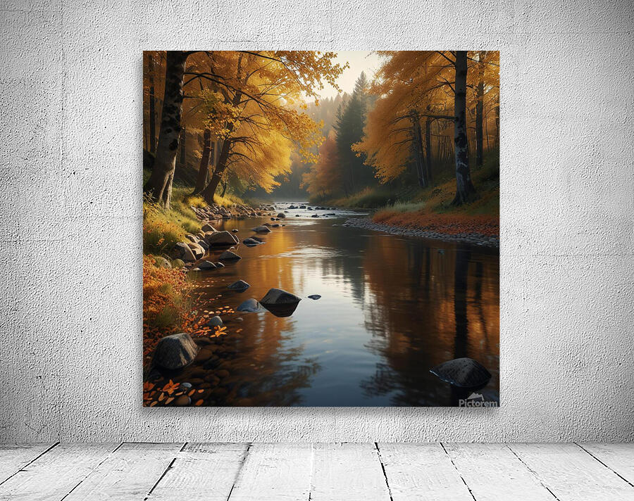 Calm River Flowing Through an Autumn Forest amazing serene landscape Wall Preview