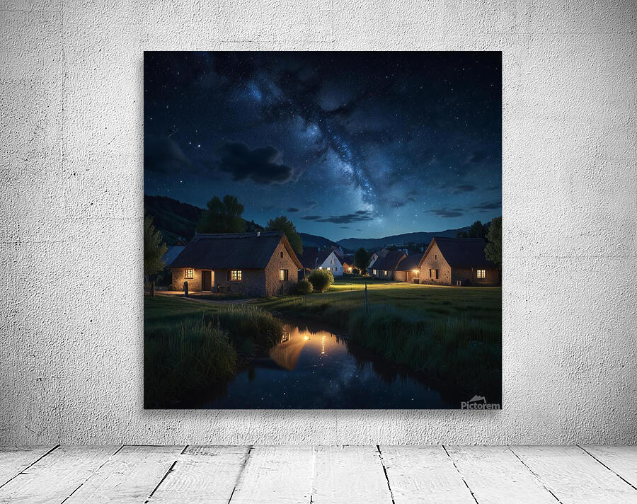 Starry Night Sky Over a Quiet Village amazing serene landscape Wall Preview