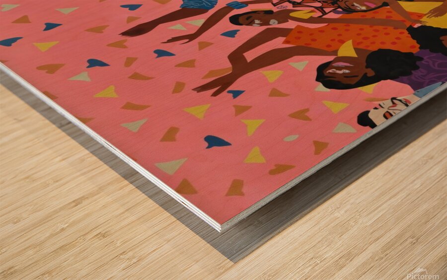 A vibrant joyful image of a group of people dancing and celebrating together Wood print