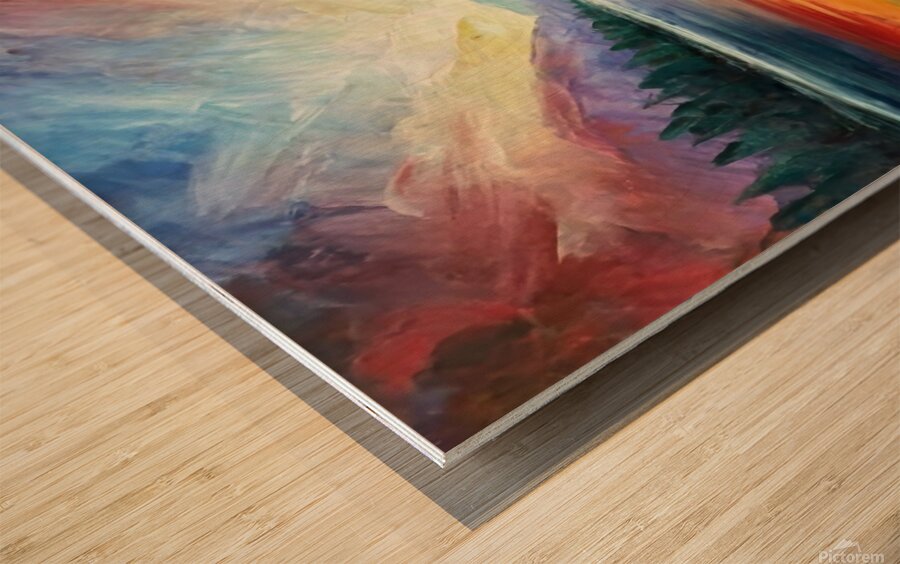 A stunning landscape painting of a serene lake surrounded by lush forests and majestic mountains Wood print