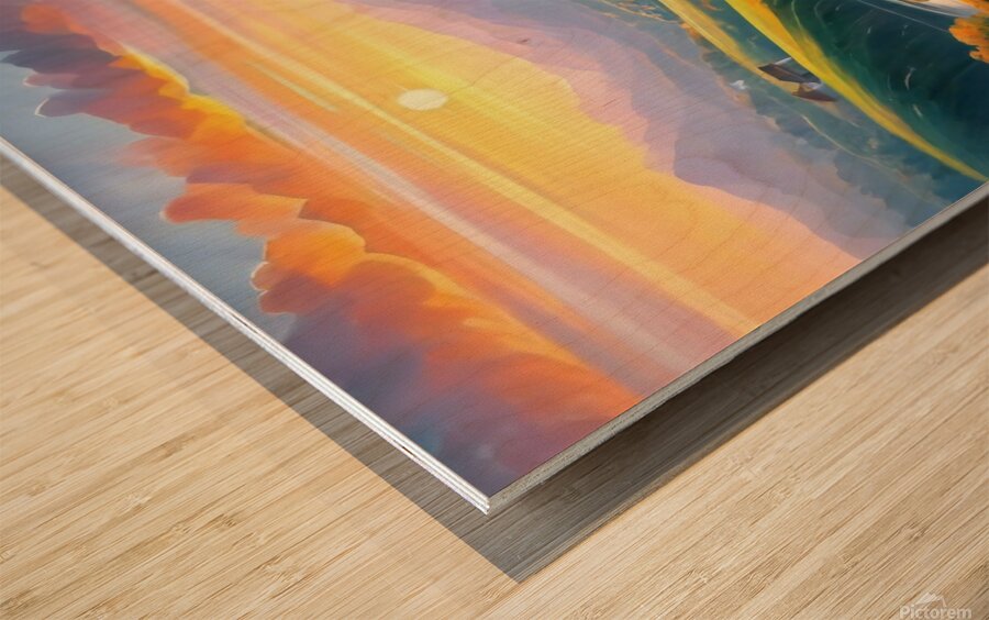 A stunning landscape with a vibrant sunset over rolling hills and valleys Wood print