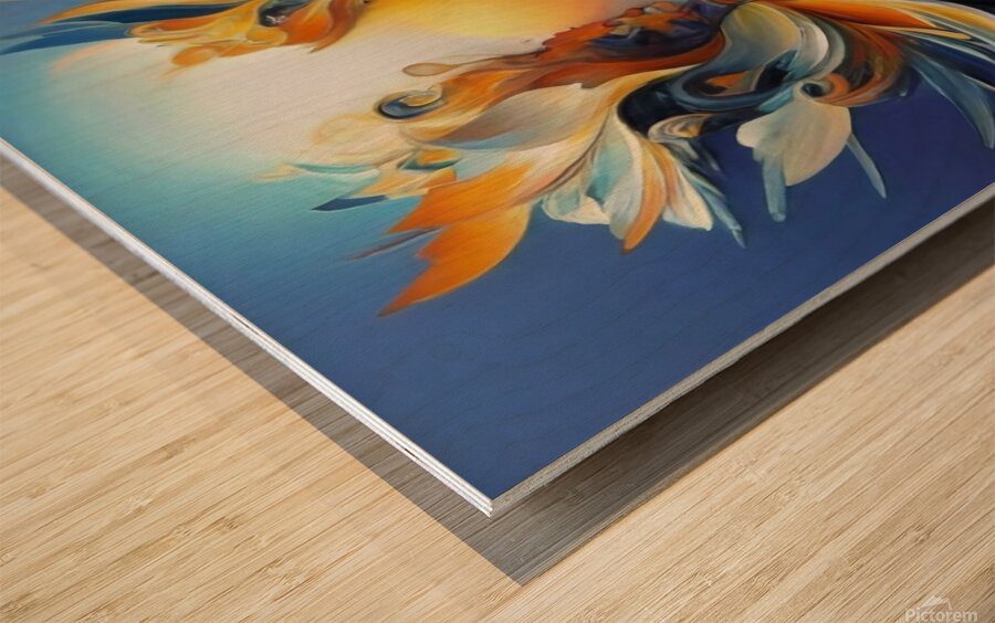 An ultra-realistic photographic image of a vibrant abstract floral composition Wood print