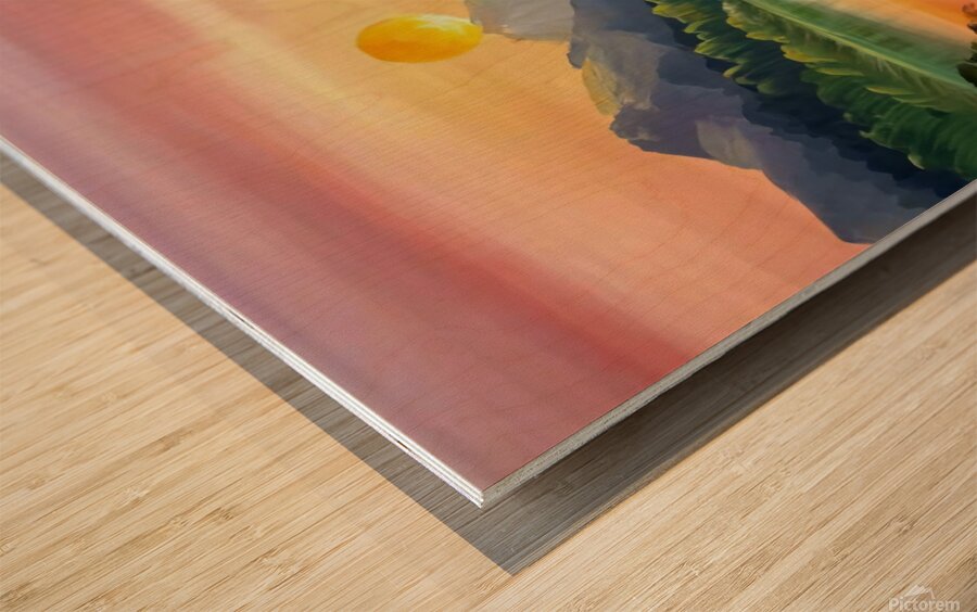 A stunning landscape scene with a vibrant sunset over a serene lake surrounded by towering mountains Wood print