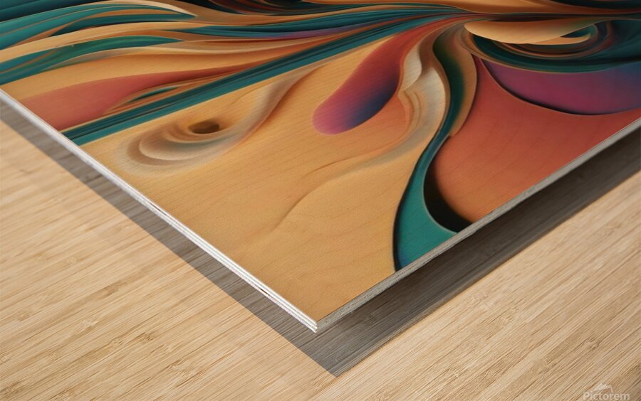 A stunning abstract digital art image with swirling organic shapes and vibrant colors including turquoise pink and gold Wood print