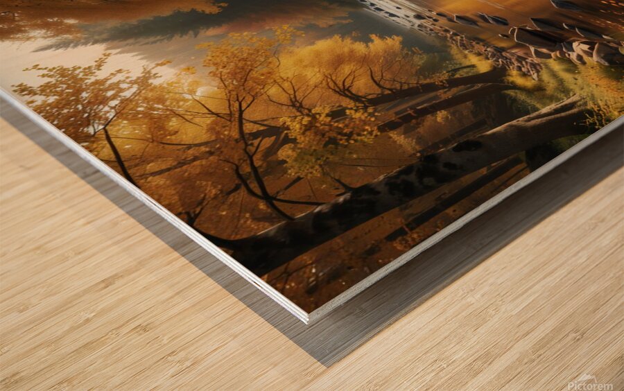 Calm River Flowing Through an Autumn Forest amazing serene landscape Wood print
