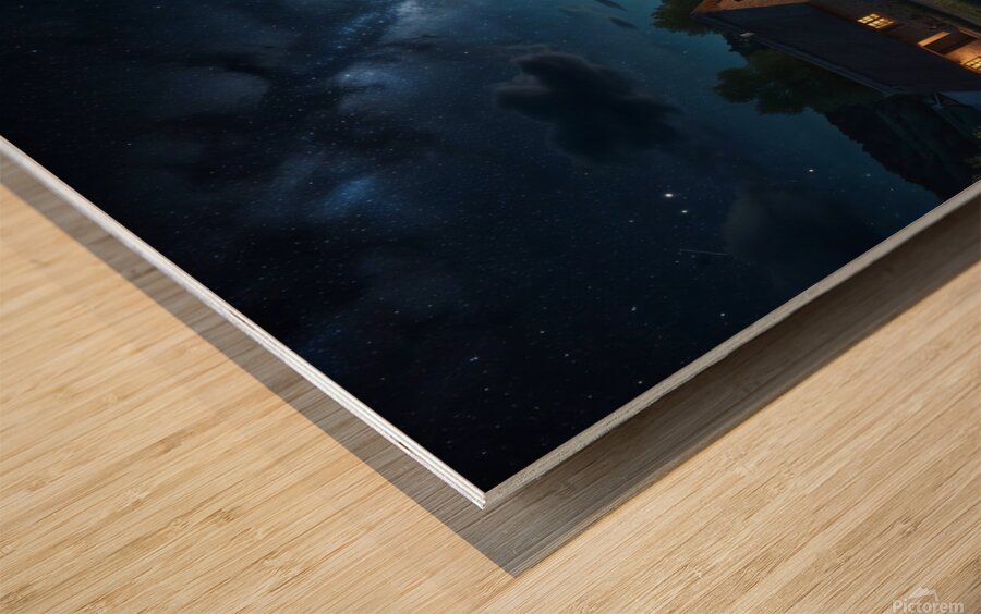 Starry Night Sky Over a Quiet Village amazing serene landscape Wood print