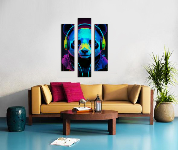 Panda in headphones listening to music neon art by MakArena Wall Art