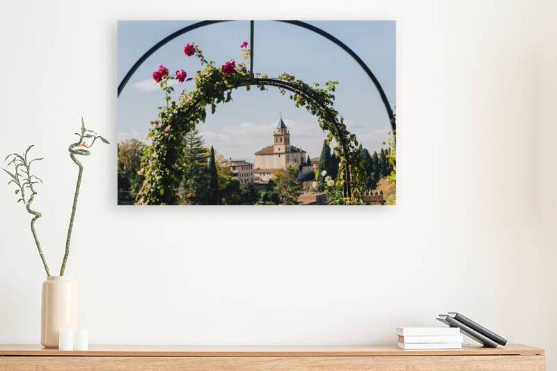 Fairytale view of the Alhambra through a rose covered archway by Cristina Taranovici