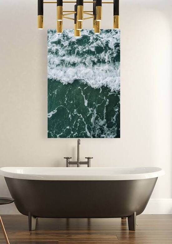 Abstract aerial view of swirling sea foam on deep green water by Cristina Taranovici