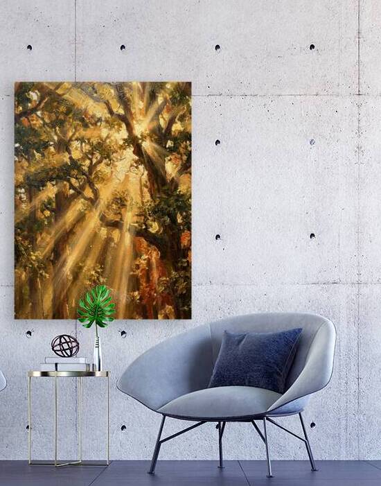 The Celestial Descent: A Study of Golden Radiance Through the Ancient Forest Canopy by Artshop
