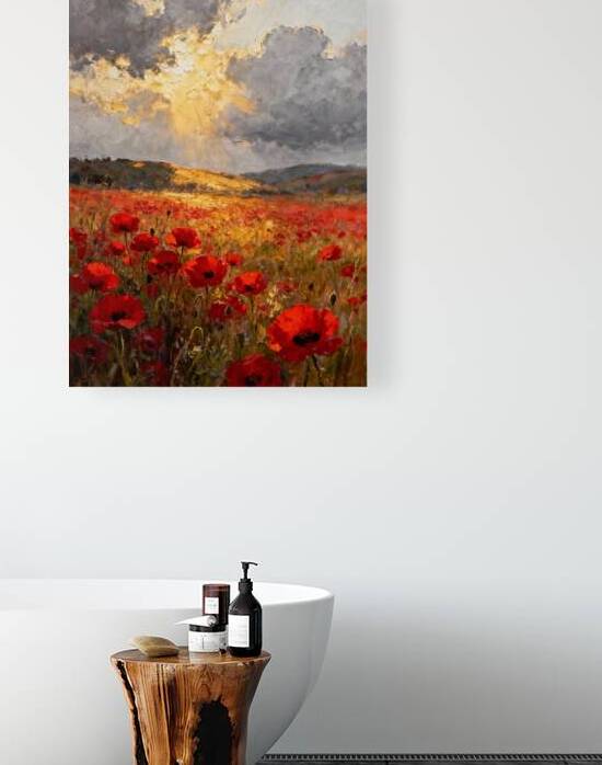 Gilded Radiance Over the Crimson Sentinel: A Sun-Drenched Poppy Field Beneath Gathering Storm Clouds by Artshop