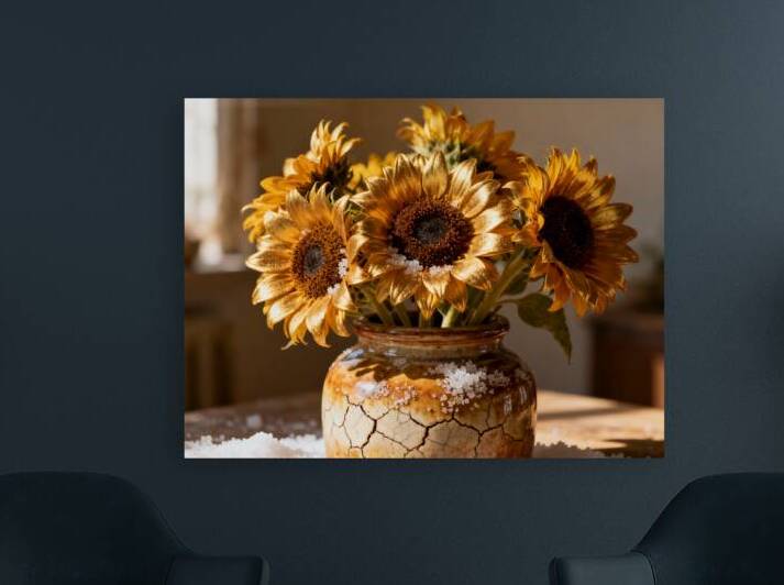 3yGilded Sunflowers in a Crackle-Glazed Vase Amidst Glistening Winter Frost by Artshop
