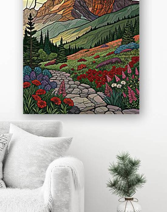 The Path to Ethereal Heights: A Stained-Glass Vista of Wildflower Meadows and Alpine Summits at Sunset by Artshop