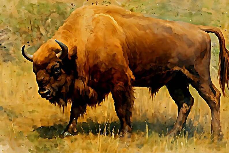 Watercolor Bison Grazing in Meadow by M ALK