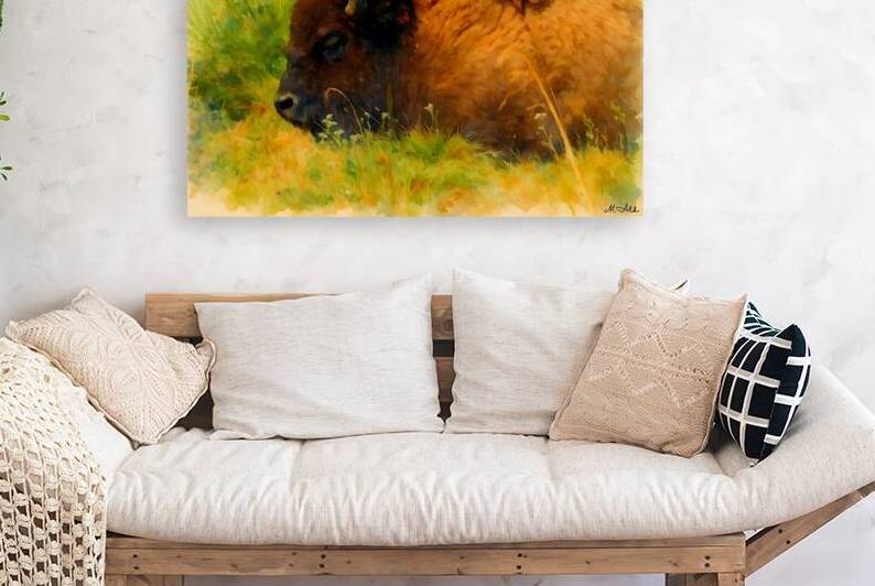 watercolor bison resting in meadow peaceful wildl by M ALK