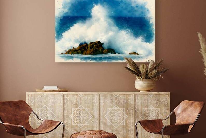 watercolor ocean waves crashing on rocks stormy s by M ALK