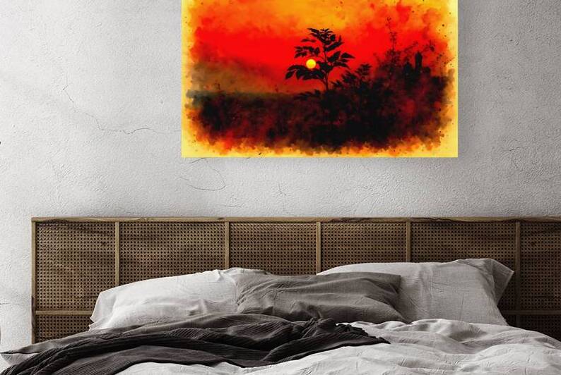 aubrac sunset silhouette fiery watercolor landsca by M ALK