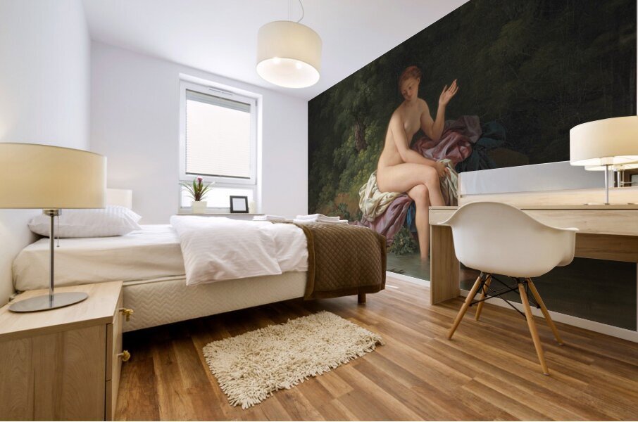 A lady bathing by a river with two turtledoves Mural print