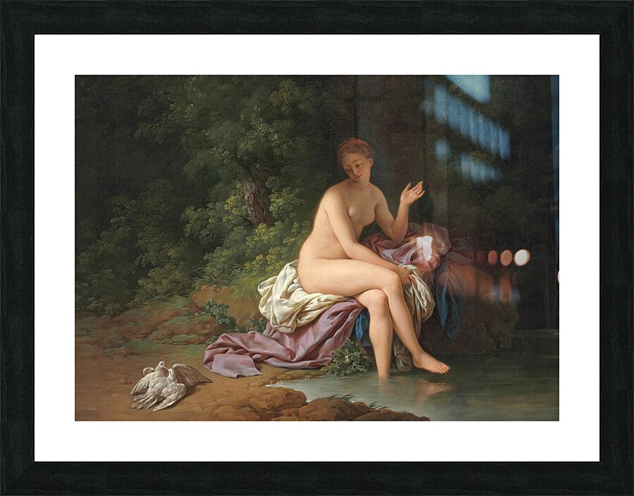 A lady bathing by a river with two turtledoves Picture Frame print