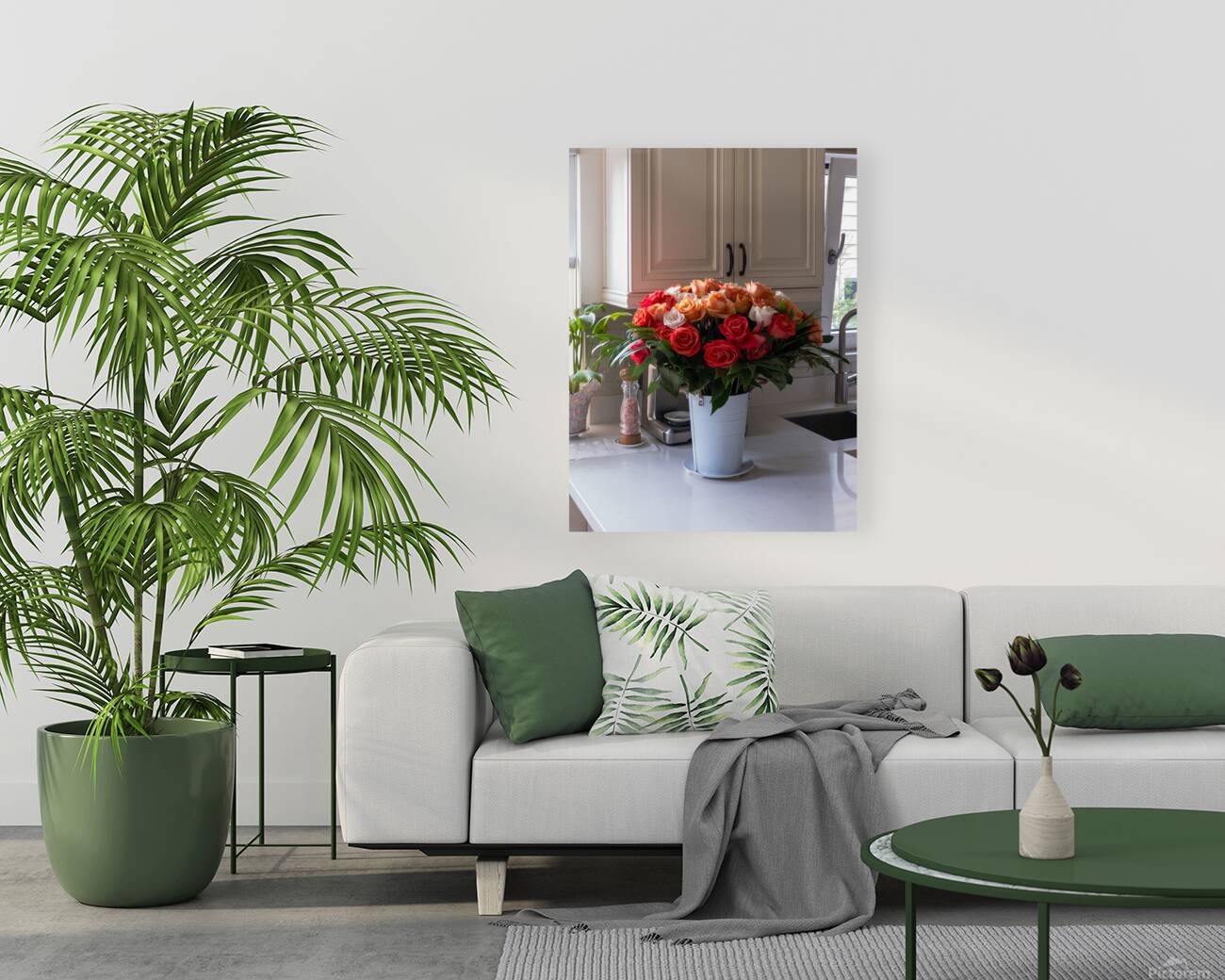 Bouquet of beautiful roses on the marble table in a kitchen Reproduction