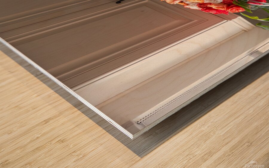 Bouquet of beautiful roses on the marble table in a kitchen Wood print