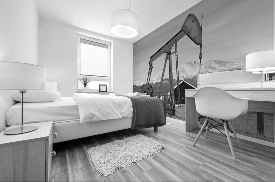 Oil Well Pumpjack Red Barn and Longs Peak BW Impression murale