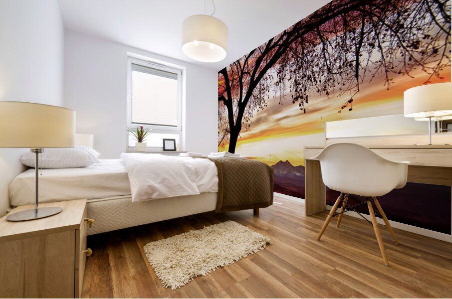 Colorado Sunset with Twin Peaks and Tree Silhouette Impression murale