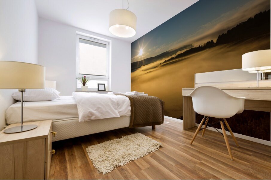 Golden Mist Sunrise Fog On Yellowstone Lake Mural print