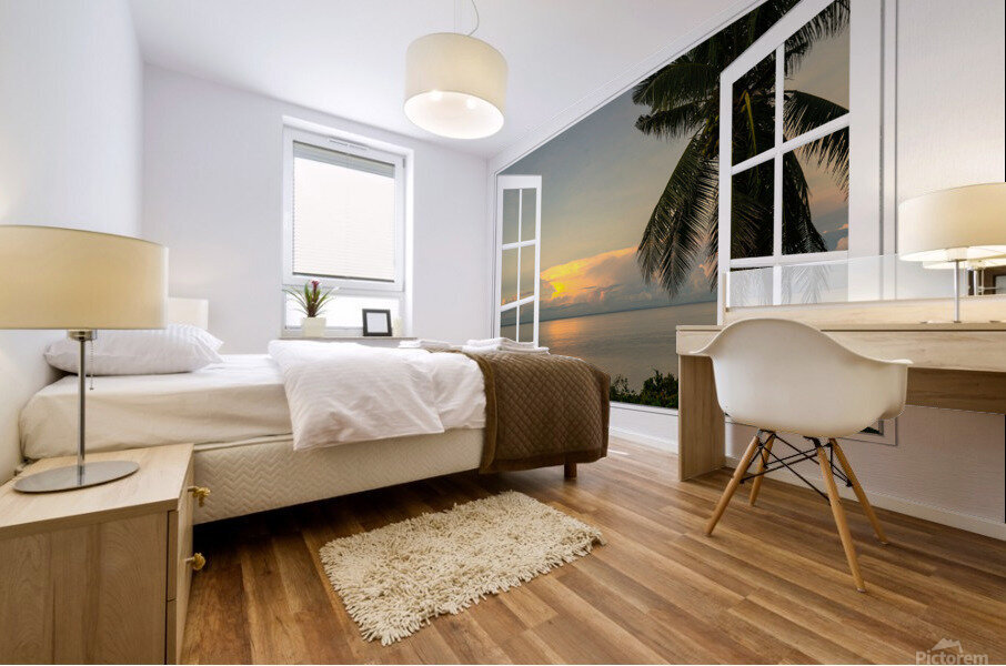 Tropical Sunset White Open Window Frame View Mural print