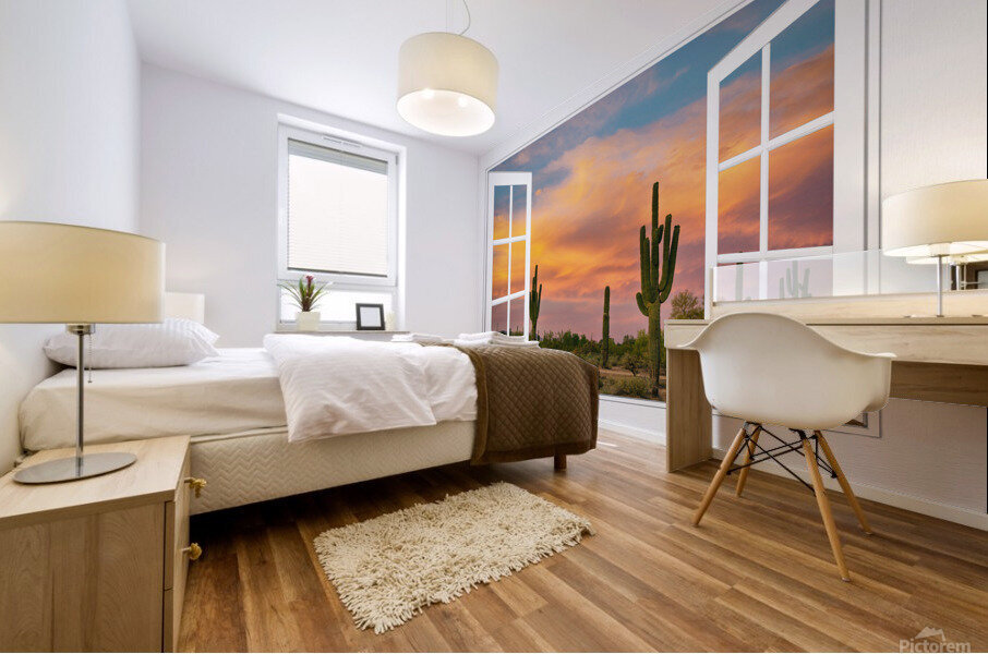 Arizona Saguaro Colorful Sky White Open Window Impression murale