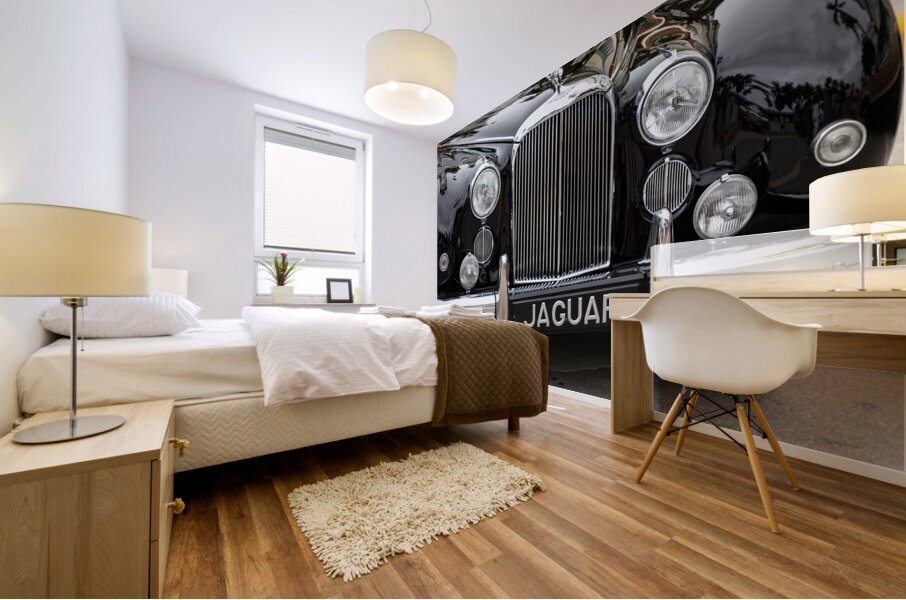 Front End of a Classic Old Black Jaguar Mural print