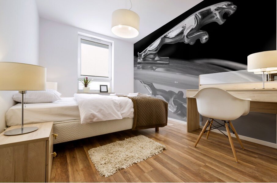 Jaguar Car Hood Ornament Reflection BW Impression murale