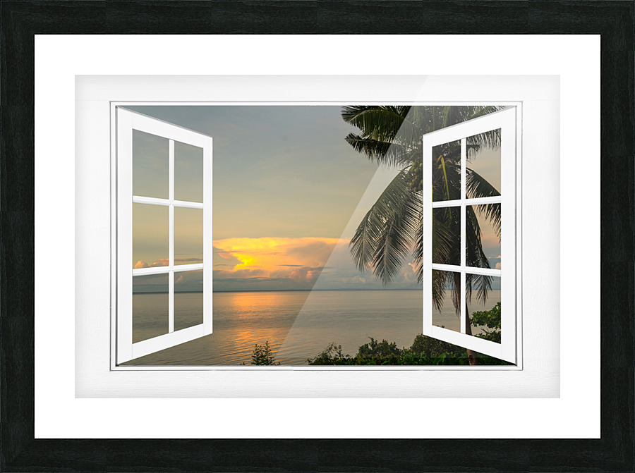 Tropical Sunset White Open Window Frame View Picture Frame Printing