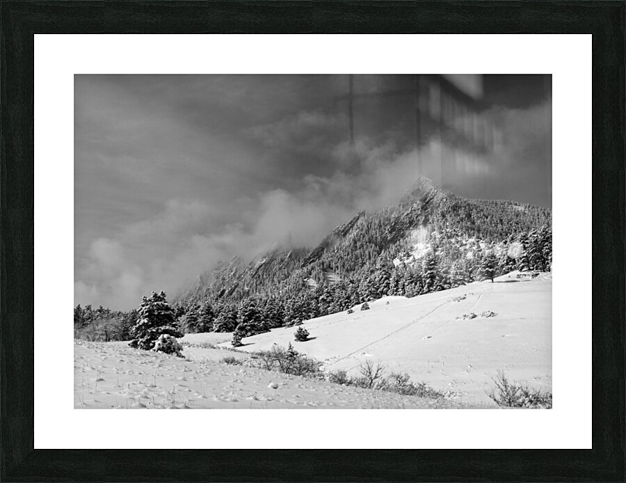 Boulder Colorado Flatirons April Snow In Black and White Picture Frame print