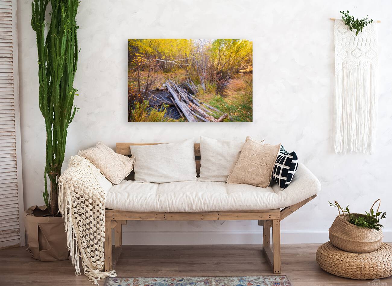 Rustic Log Bridge in Golden Autumn Forest – Serene Fall Creek  Reproduction